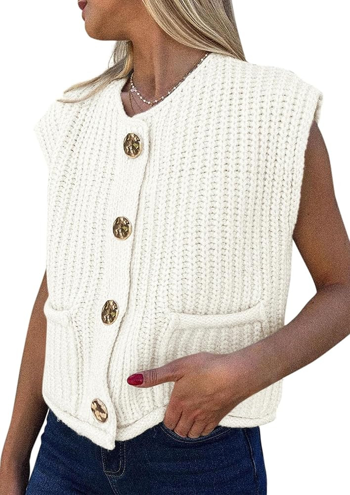 PRETTYGARDEN Women's Summer Sweaters Vest 2025 Sleeveless Button Down Cropped Pockets Chunky Knit... | Amazon (US)