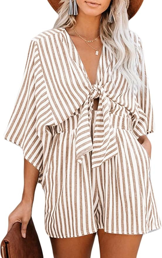 AlvaQ Rompers for Women Dressy Spring Summer Tie Knot Front Sexy V Neck Jumpsuits | Amazon (US)