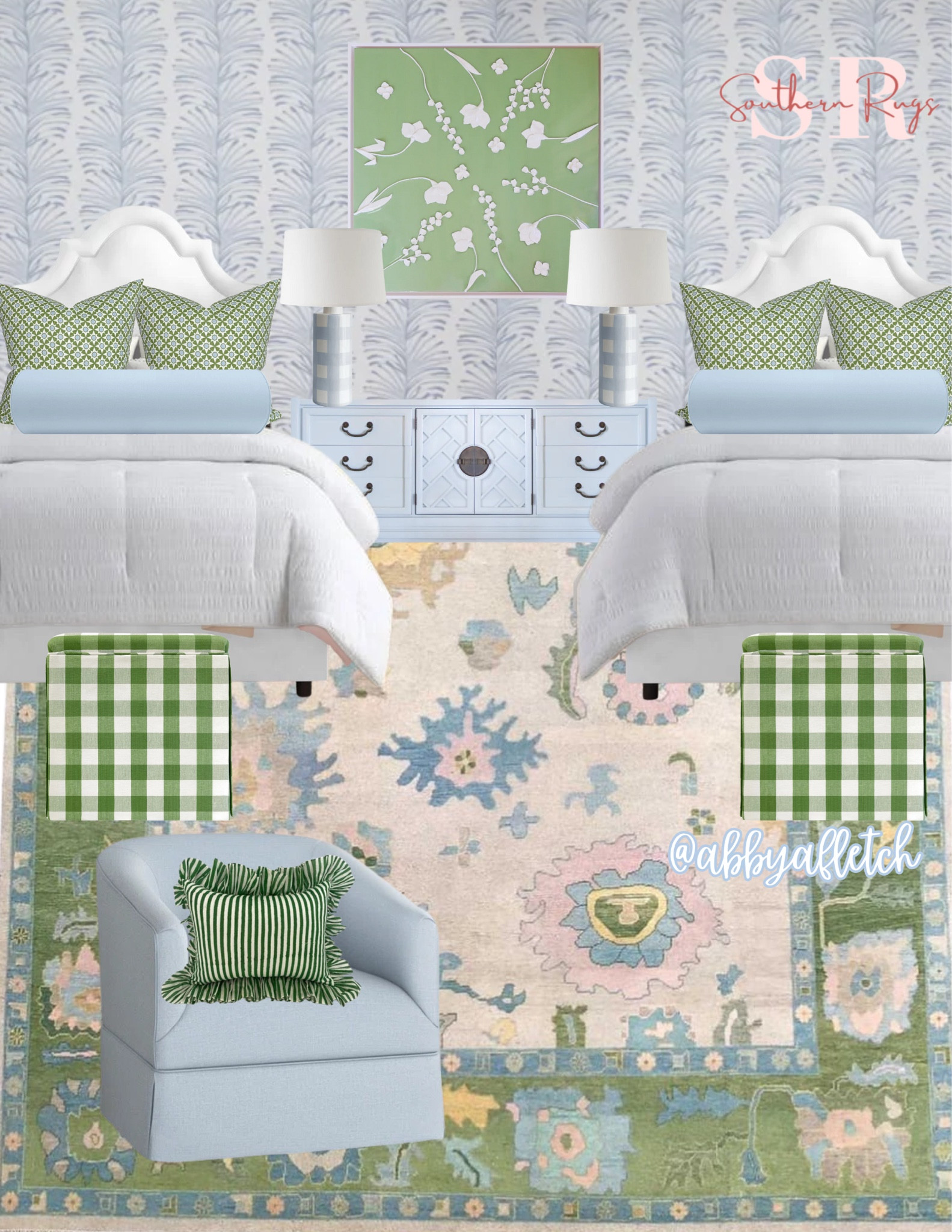 blue and green bedroom inspiration! one of the best color combos💚🩵
inspired by this STUNNING rug from @southernrugstx
this room is designed as a shared kids room but would be perfect as a master bedroom or guest room!

artwork and dresser are from the collective dallas 

#LTKFamily #LTKHome #LTKKids