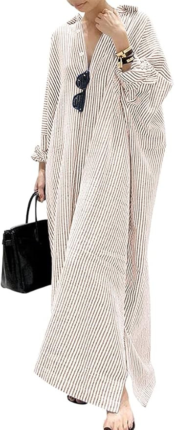 chouyatou Women's Casual Long Sleeve Button Down Loose Striped Cotton Maxi Shirt Dress | Amazon (US)