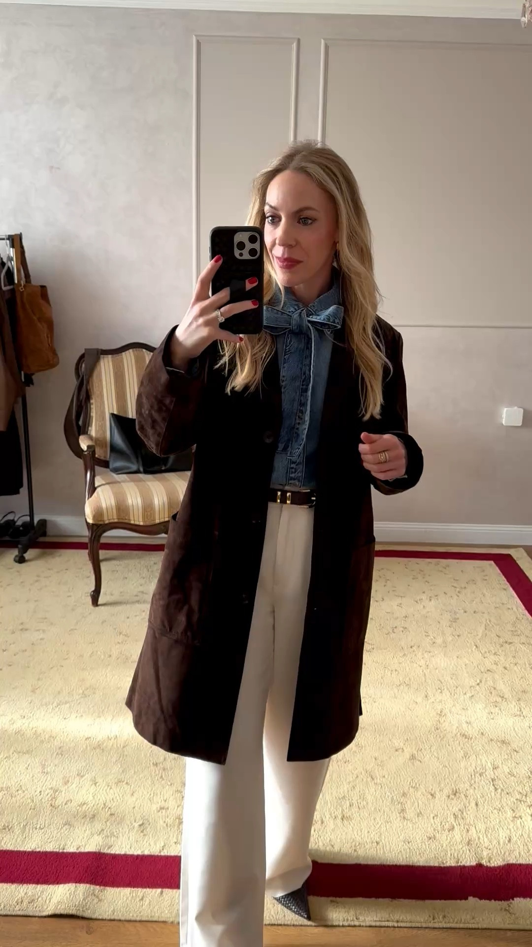 @Zara chocolate brown suede coat is still in stock!

Spring workwear, denim bow tie blouse, @abercrombie cream trousers 

#LTKWorkwear #LTKOver40 #LTKootd