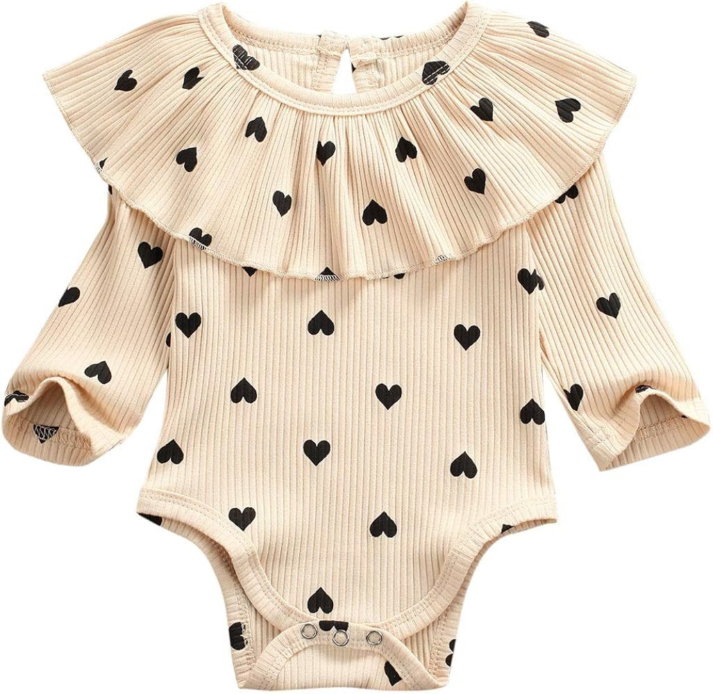 Newborn Baby Girl Ruffle Romper Ribbed Bodysuit Long Sleeve Heart Clothes | Amazon (US)