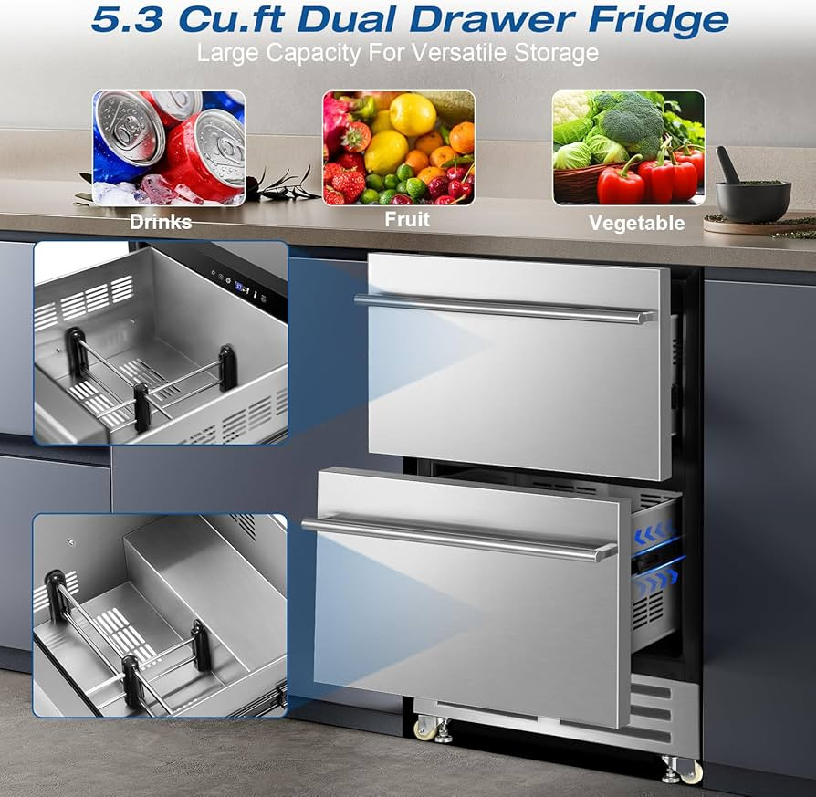 24 Inch Dual Drawer Fridge Under Counter, Stainless Steel Weather-Proof Design Outdoor Beverage R... | Amazon (US)