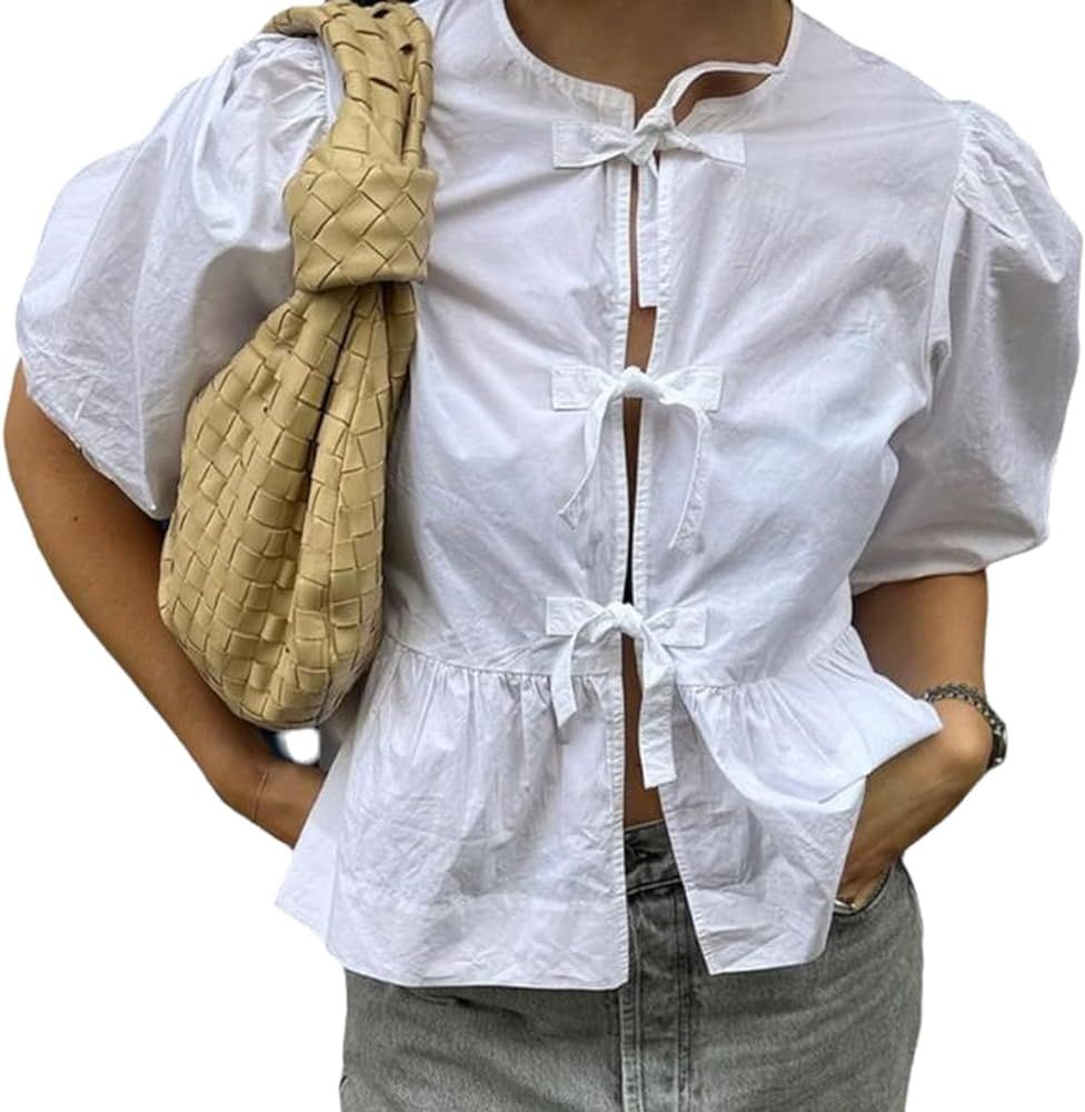 Women Bow Tie Front Blouses Tops 3/4 Puff Sleeve Ruffle Hem Summer Y2k Crop Tops | Amazon (US)