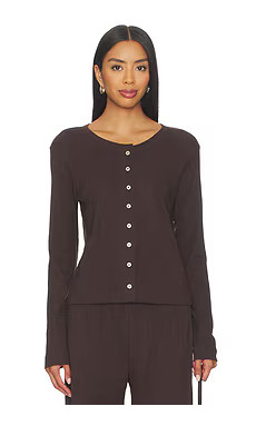 LESET Pointelle Classic Crew Cardigan in Chocolate from Revolve.com | Revolve Clothing (Global)