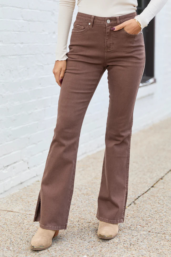 Adler Brown Stretch Split Flare Leg Jeans | Pink Lily