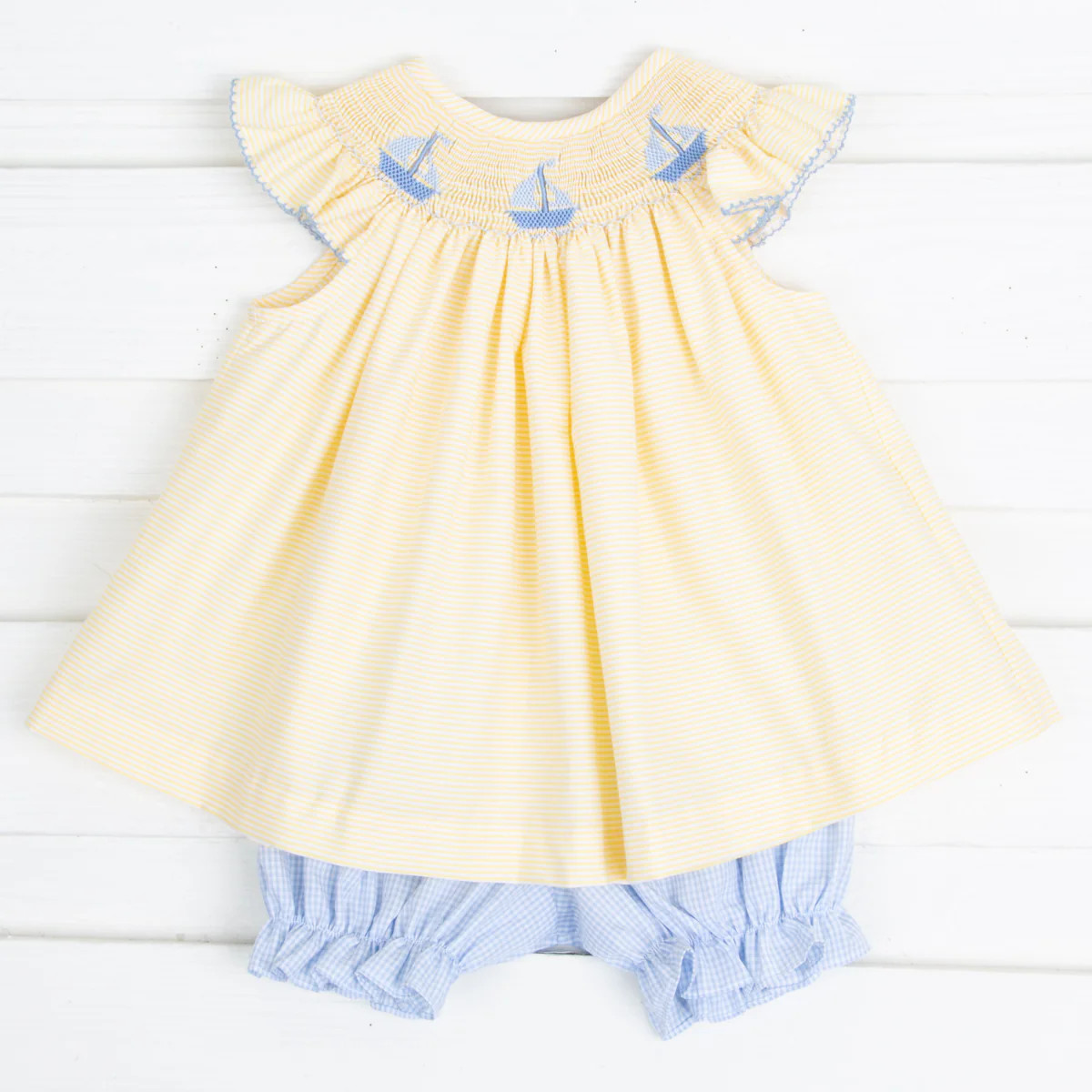 Sailboat Smocked Bloomer Set Yellow Stripe | Classic Whimsy