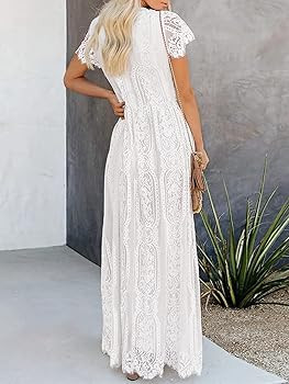 MEROKEETY Women's V Neck Short Sleeve Floral Lace Wedding Dress Bridesmaid Cocktail Party Maxi Dr... | Amazon (US)