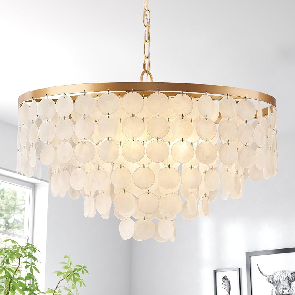 24" Capiz Shell Chandelier, 5 Light Gold Dining Room Light Fixture Modern Coastal Chandeliers for... | Amazon (US)