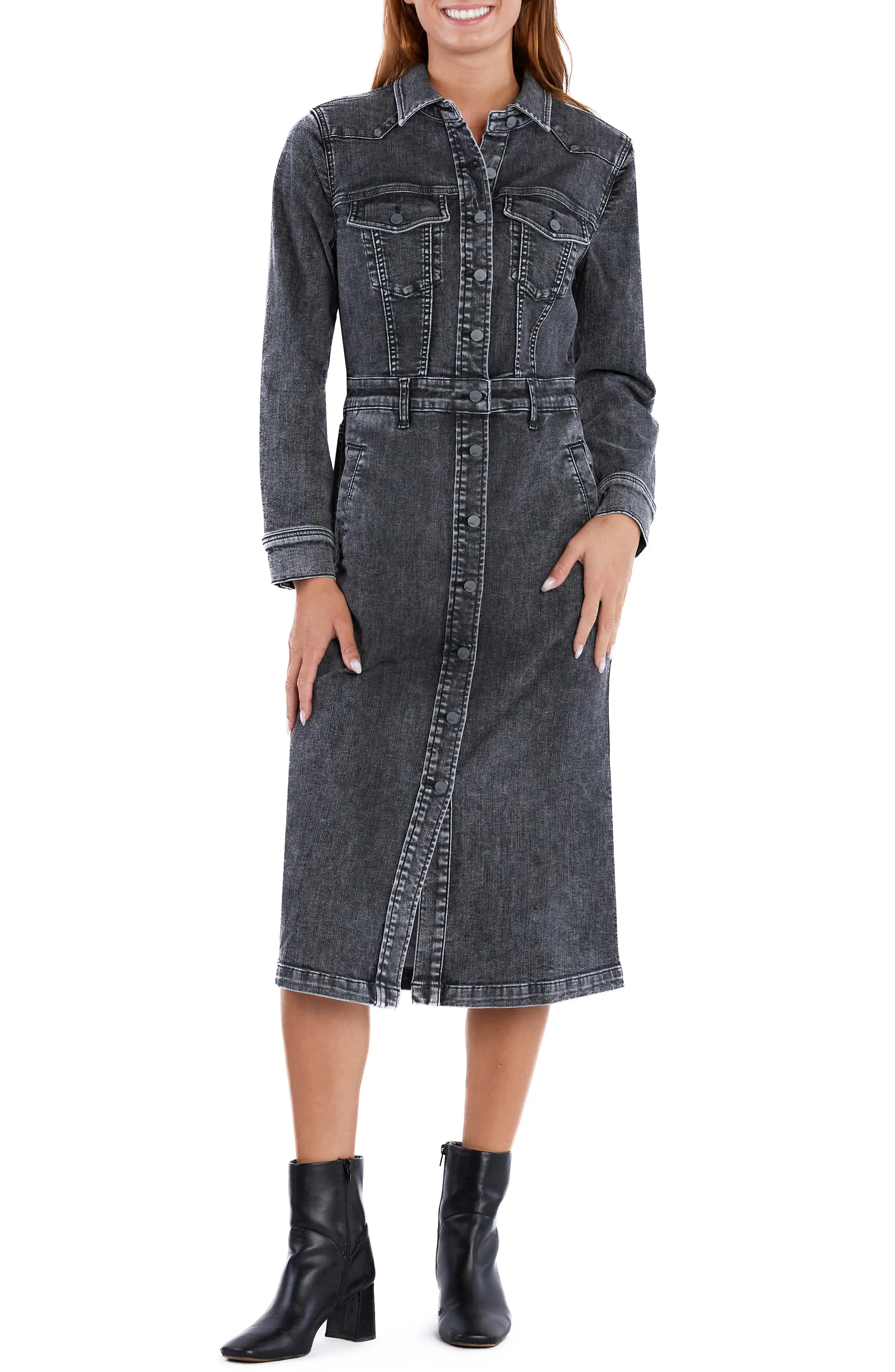 Wash Lab Denim Western Long Sleeve Denim Midi Shirtdress (Women) | Nordstrom | Nordstrom
