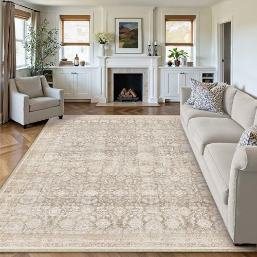 8x10 Beige Washable Neutral Area Rug Living Room Floral Non Slip Low Pile Large Rug Vintage Tradi... | Amazon (US)