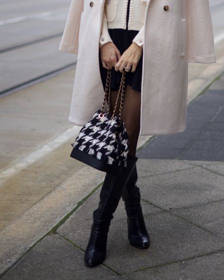 Winter details, houndstooth, bucket bag, Chanel style, black boots, white coat. 

#LTKHoliday #LTKCyberWeek #LTKGiftGuide
