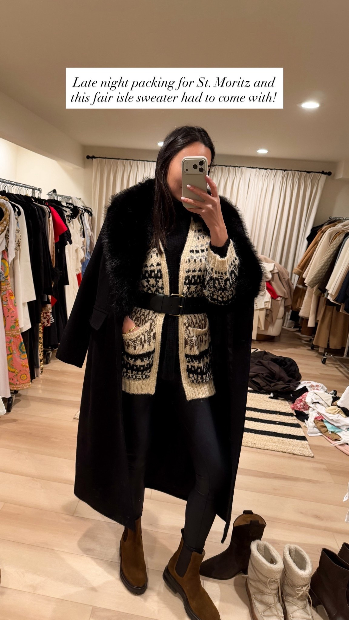 Winter outfit, cardigan is old from Gerard Darel - similar below! Black coat with fur collar, leggings, brown snow boots. 

#LTKdayinmylife #LTKootd #LTKTravel