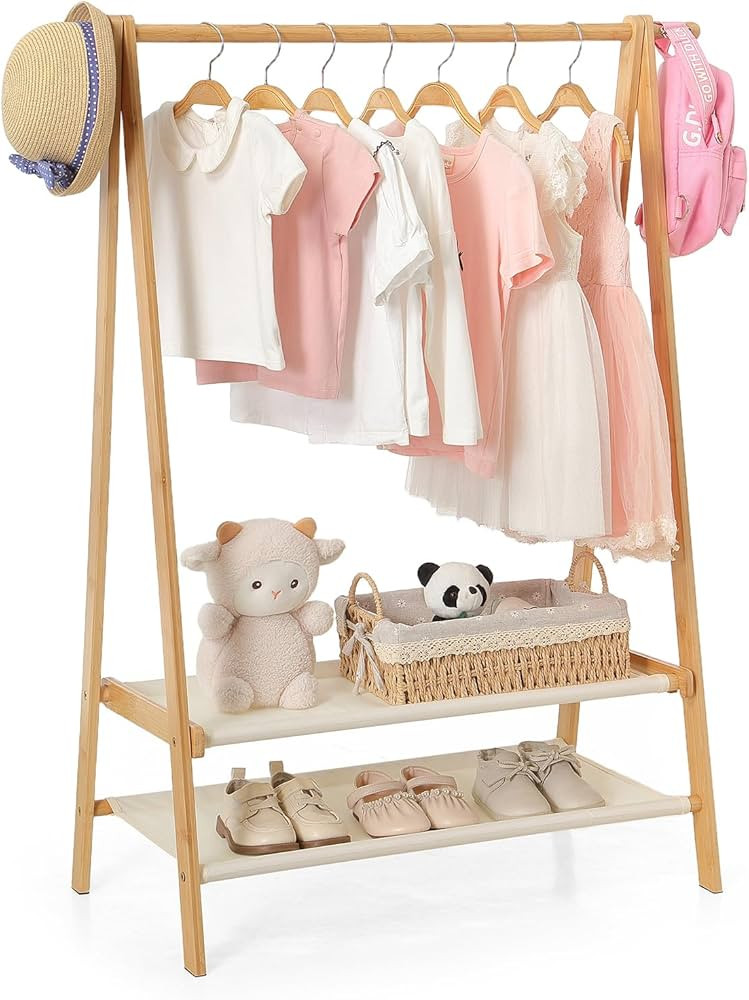 Foldable Kids Clothing Rack - Dress Up Storage with 2 Fabric Shelves, Bamboo Small Clothes Rack f... | Amazon (US)