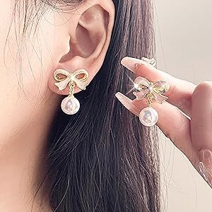 Bow Earrings for Women Trendy Stuff Cute Bow Pearl Drop Dangle Earrings Bowknot Stud Wedding Part... | Amazon (US)
