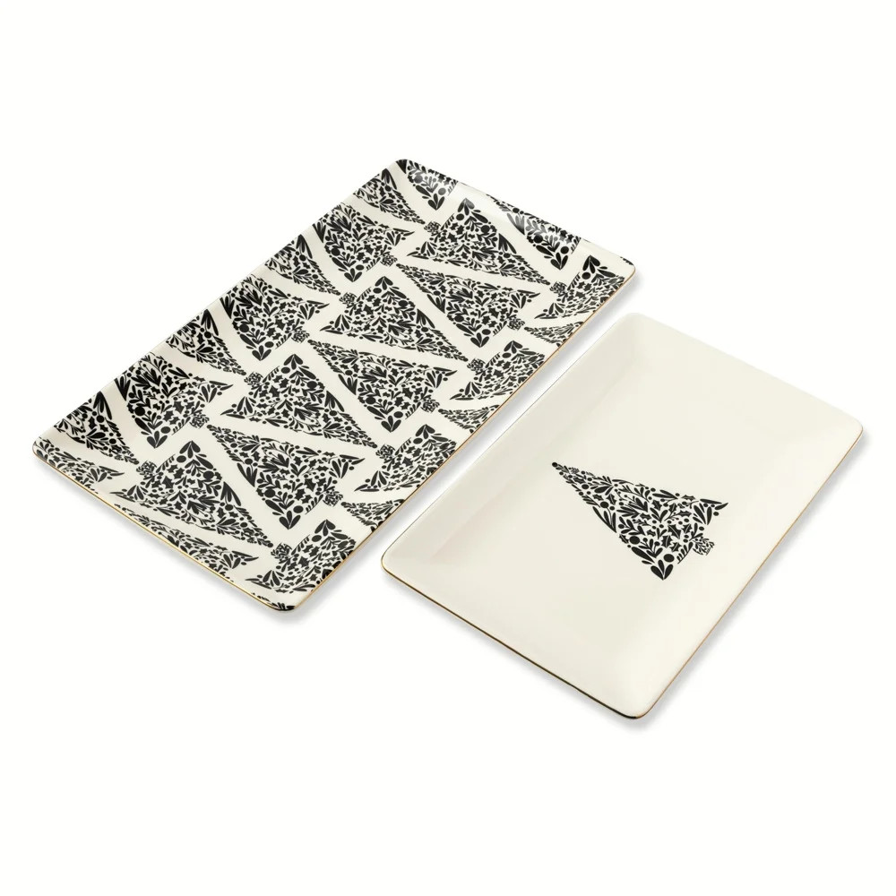 Thyme & Table Árboles Festivos Paquete de 2 Bandejas Serve de Cerámica - Blanco y Negro | Walmart (US)