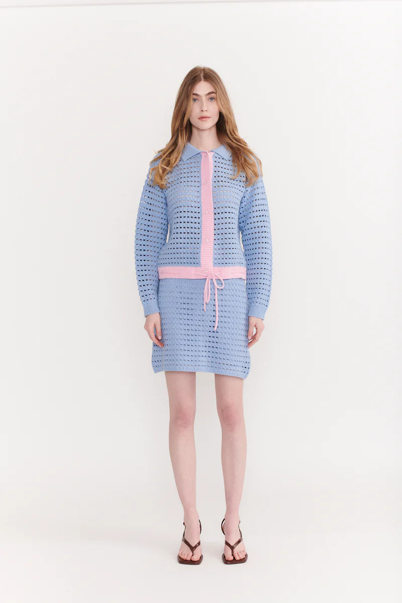 Dawson Blue Crochet Collared Cardigan | Olivia Rubin