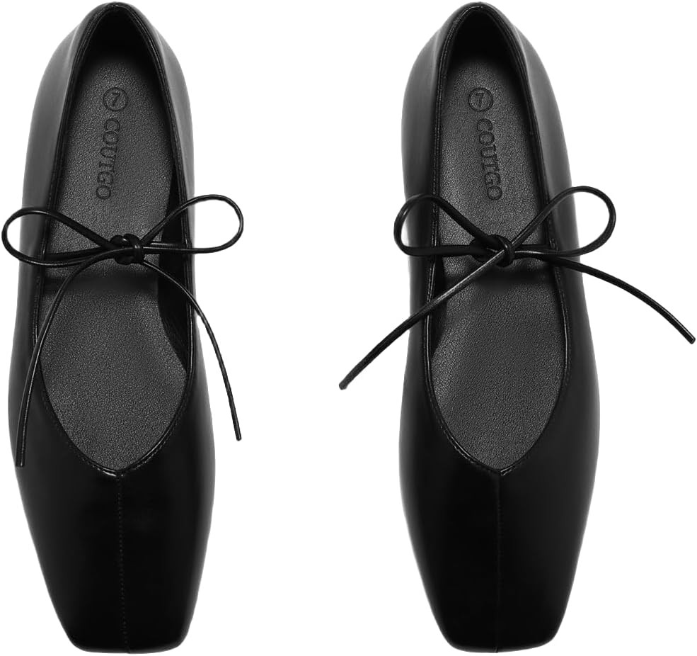 Coutgo Womens Mary Jane Flats Lace Up Square Toe Ballet Ballerina Flats Slip On Comfortable Dressy Shoes | Amazon (US)