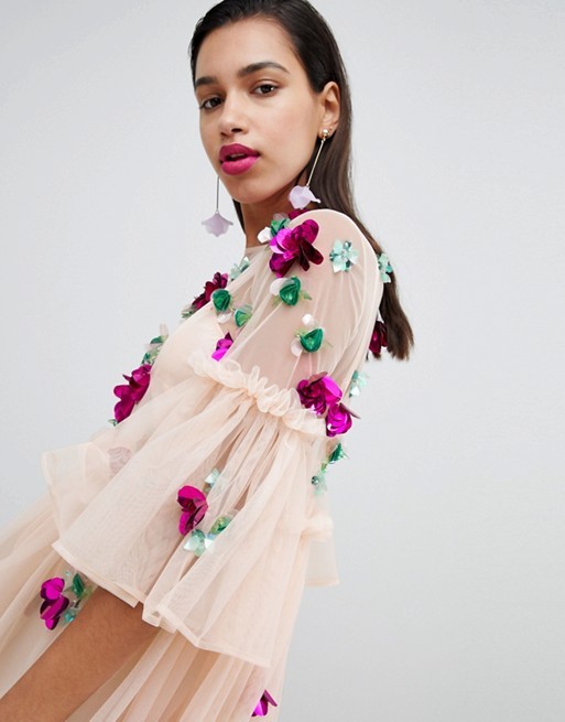 ASOS Embellished Mesh Fluted Sleeve Smock Mini Dress | ASOS US