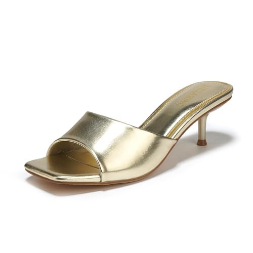 LULLASONG Gold Kitten Heels Sandals Low Heels Slip On Slides 2 Inch Heeled Square Open Toe Sandals for Women | Amazon (US)