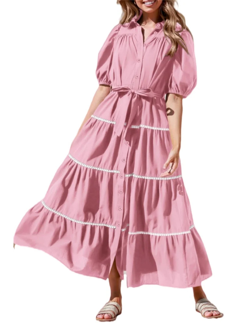 PRETTYGARDEN Women's Summer Button Down Shirt Dress Short Puffy Sleeve Tiered Ruffle Flowy Long M... | Walmart (US)