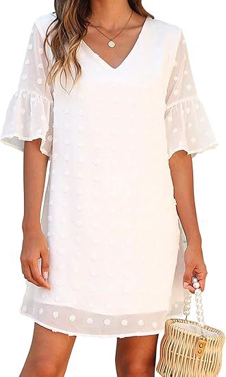 Blooming Jelly Womens White Dresses Short Sleeve V Neck Ruffle Cute Sun Dress Chiffon Flowy Shift... | Amazon (US)