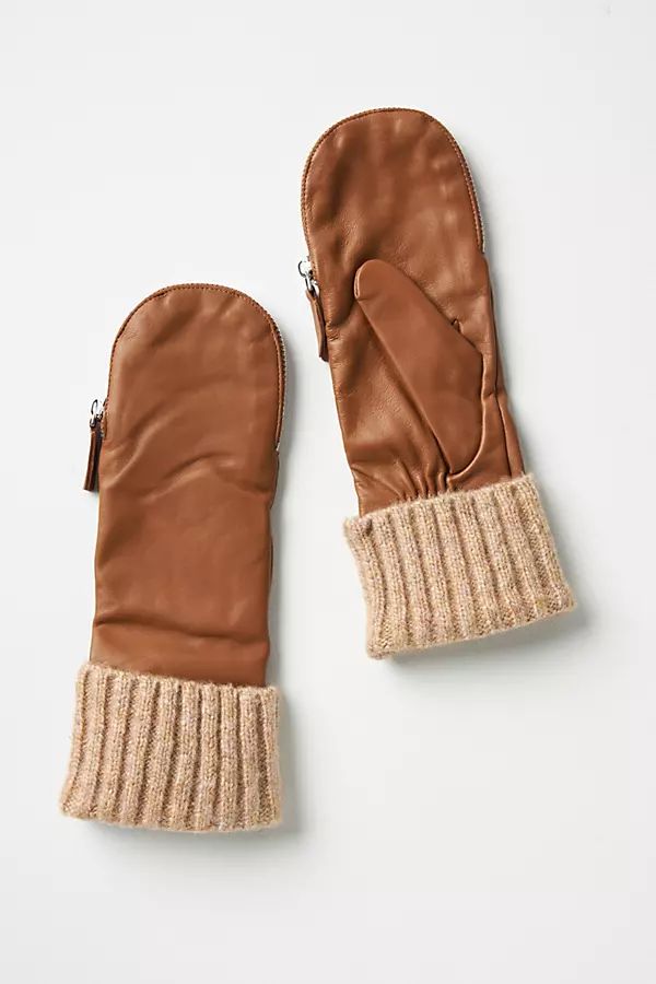 Ribbed Cuff Leather Mittens By Anthropologie in Brown | Anthropologie (US)