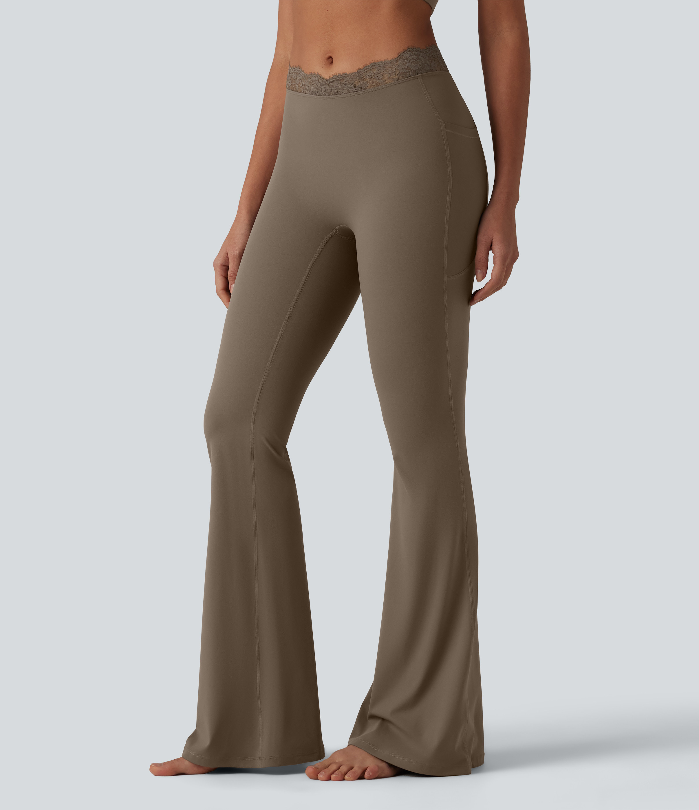 Halara Halara UltraSculpt™ V-Shaped High Waisted Contrast Lace Yoga Flare Leggings with Pockets  - Night's Purple - S(regular) gym leggings | HALARA