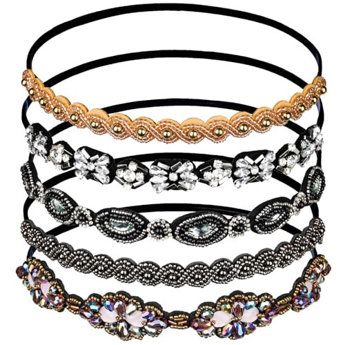 Teenitor 5pcs Elastic Beaded Headbands, Jewels Hairbands Hat Bands, Crystal Rhinestone Headband for Women Girls | Amazon (US)