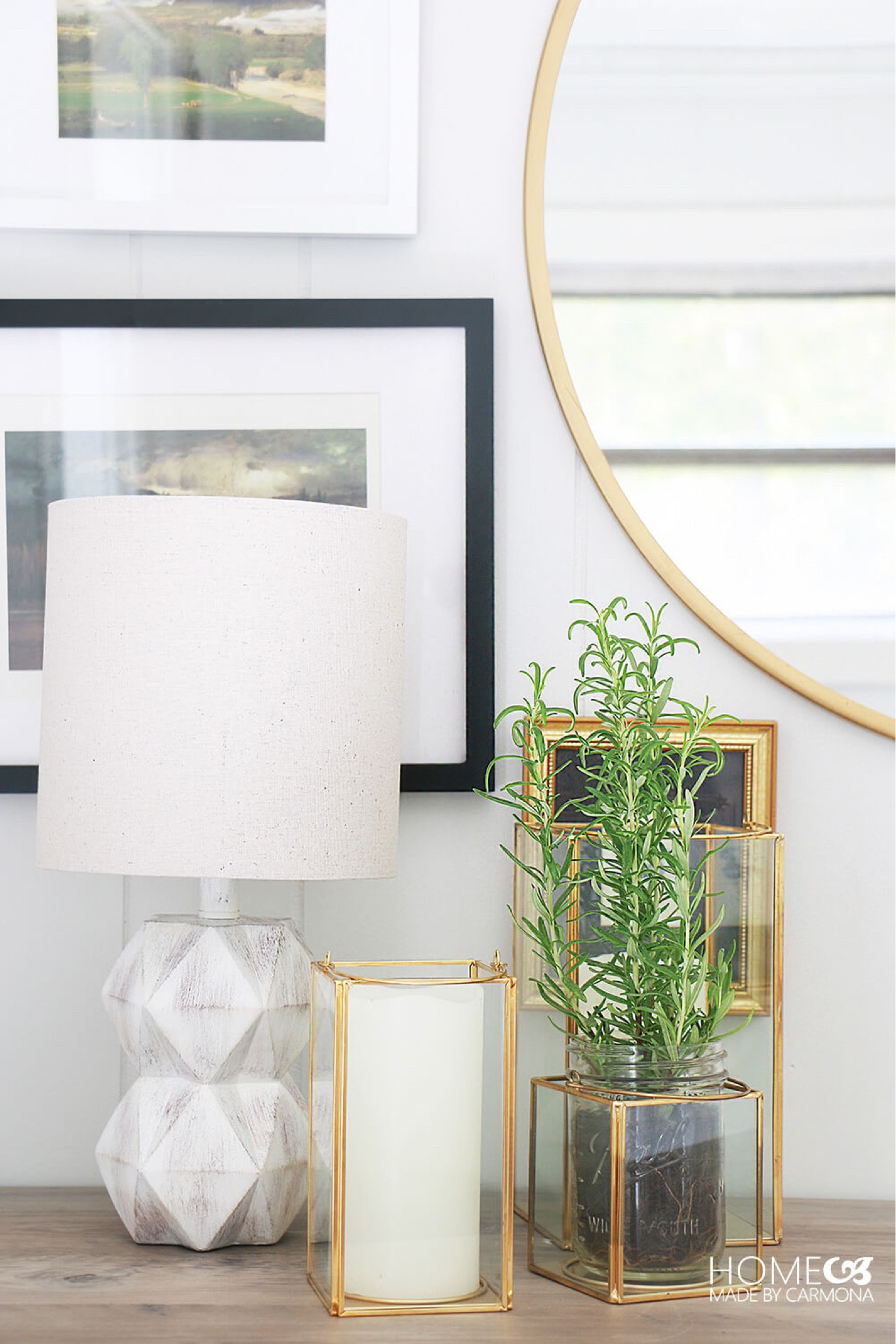 Vignette styling | White washed faceted wood lamp & gold hurricane lamps

#LTKHome