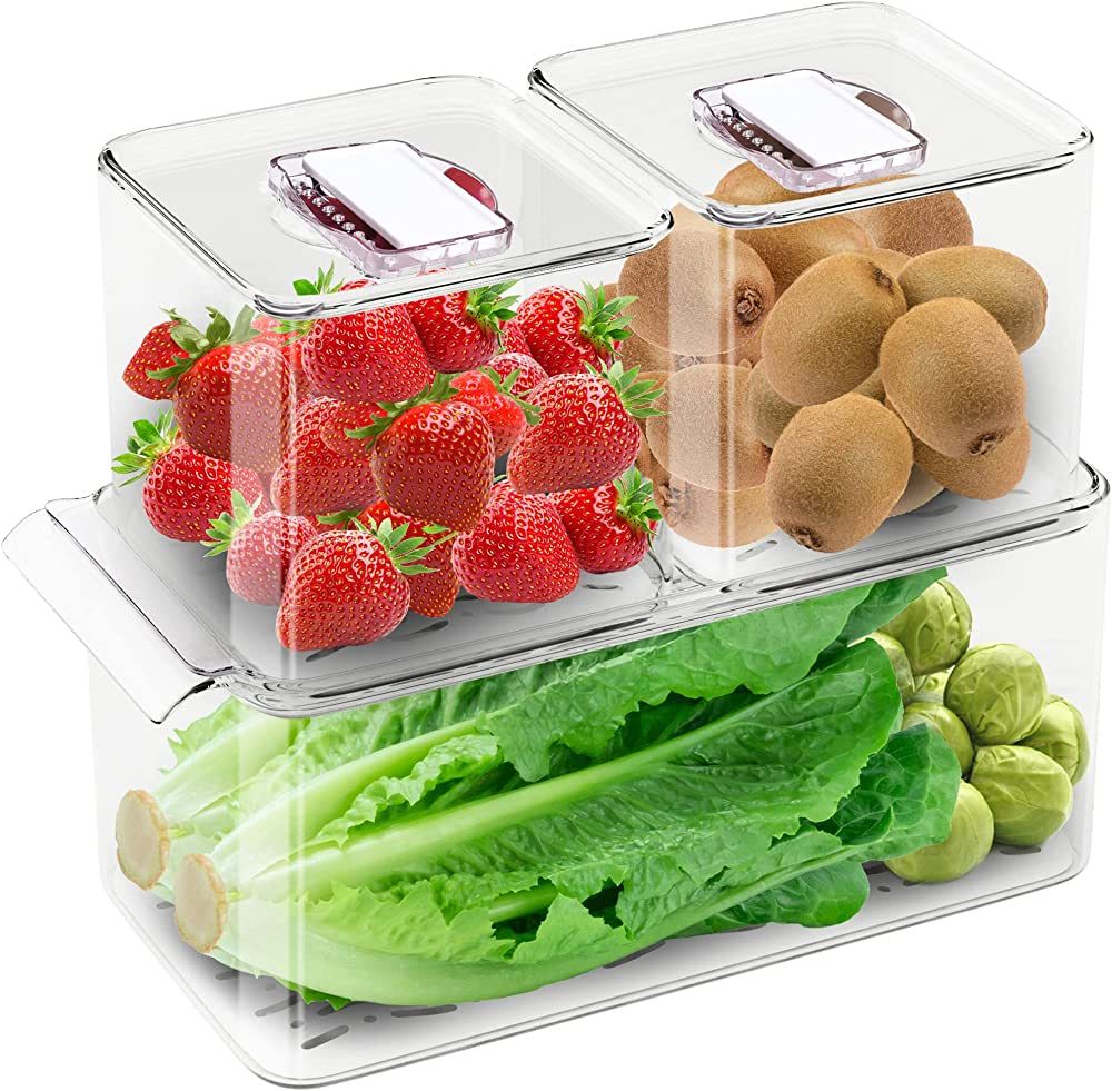 WAVELUX Produce Saver Containers for Refrigerator, Food Fruit Vegetables storage, 3 Pcs Stackable... | Amazon (US)