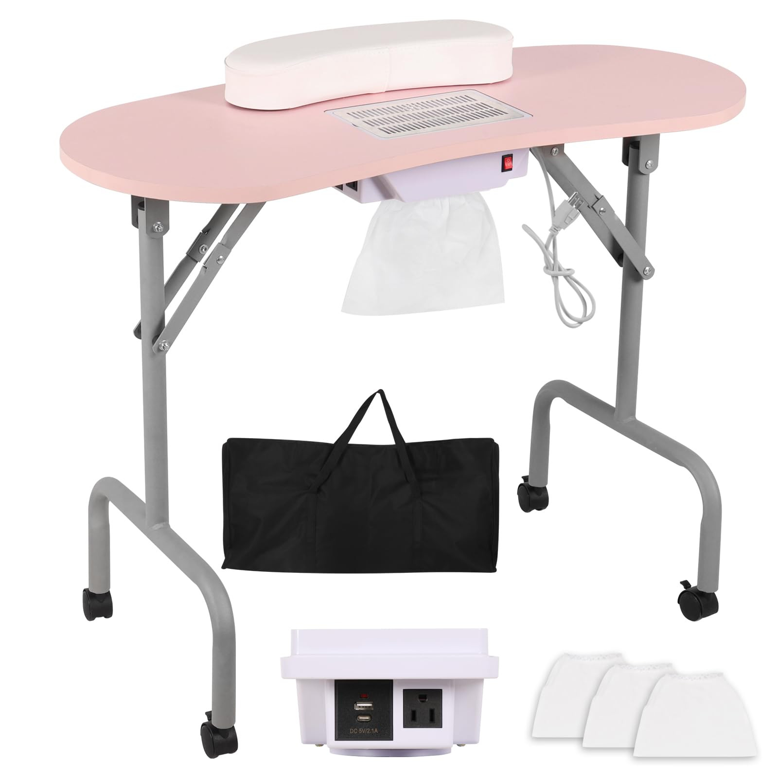 Portable Manicure Table Nail Desk with Charging Station & Dust Collector, Foldable Nail Tech Tabl... | Amazon (US)