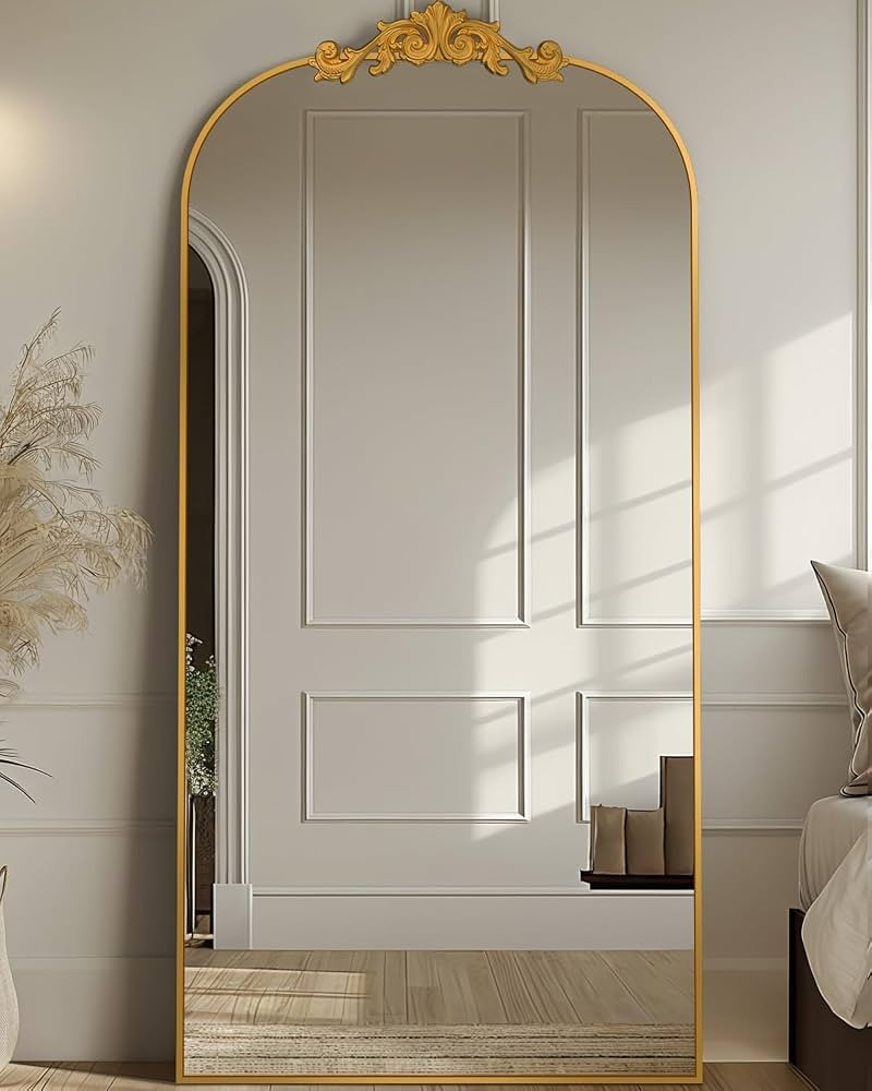 Arched Full Length Mirror, 71"x28" Floor Mirror Freestanding with Carved Metal Frame & Bottom Art... | Amazon (US)