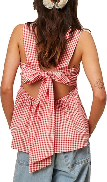 Women Y2k Going Out Tank Tops Gingham Square Neck Peplum Cami Tank Sleeveless Backless Shirt Bowt... | Amazon (US)