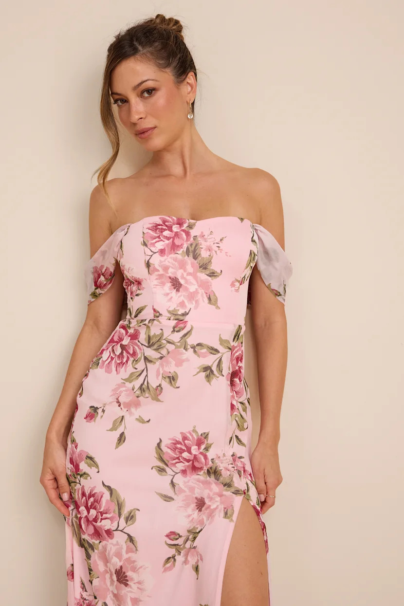Magical Magnetism Light Pink Floral Off-the-Shoulder Maxi Dress | pink floral dress  | Lulus