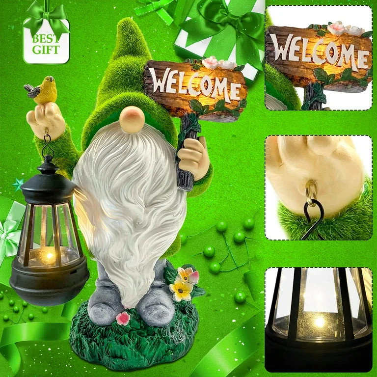 Molumo Garden Gnome Statues 14 inch Flocked Resin Gnome Figurine with Solar Lantern Welcome Sign ... | Walmart (US)