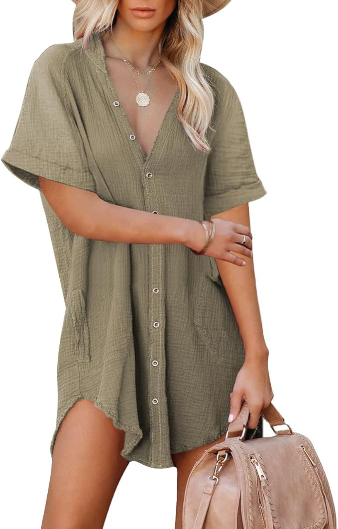 Paintcolors Women's Cotton Button Down Shirt Short Sleee Dresses Tunics Oversized Beach Cover up ... | Amazon (US)