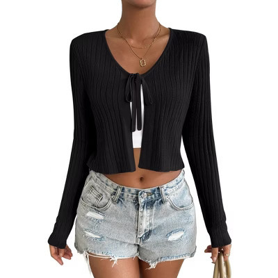Women's Casual Tie-Front Cardigan - Lightweight Long Sleeve Knit Sweater with Chest Tie Detail Black S | Target