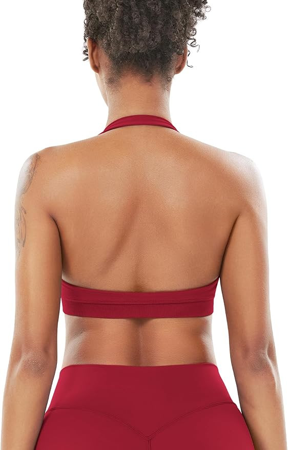 VOYJOY Women Workout Impact Bras Medium Low Support Halter Sports Bras Seamless Open Back Gym Pad... | Amazon (US)