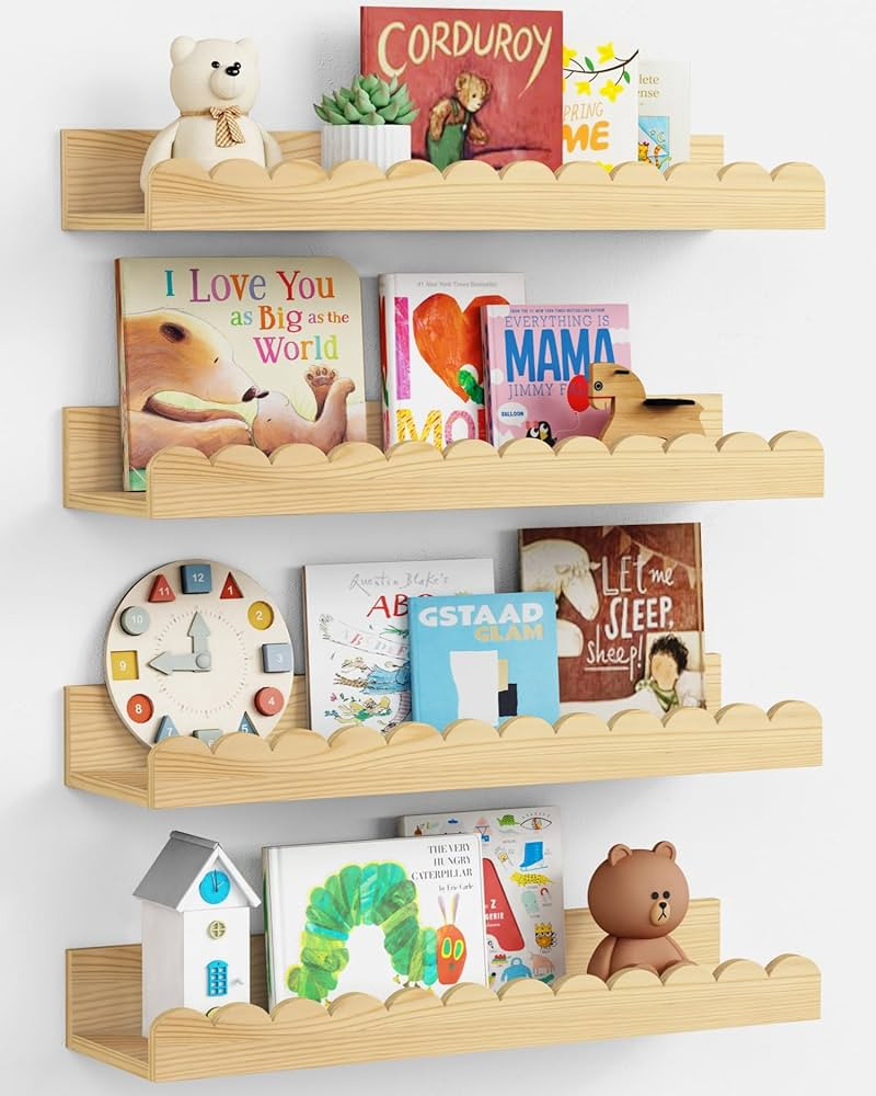 Scalloped Nursery Bookshelf Wall Mounted 4-Pack, Natural Wood Floating Book Shelves for Wall, Clo... | Amazon (US)