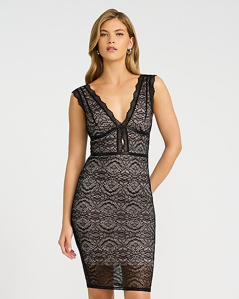 EXPRESS x bebe Lace V-Neck Strappy Mini Sheath Dress | Express
