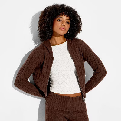 Women's Cable Zip Hoodie Cardigan - Wild Fable™ Brown XXS | Target