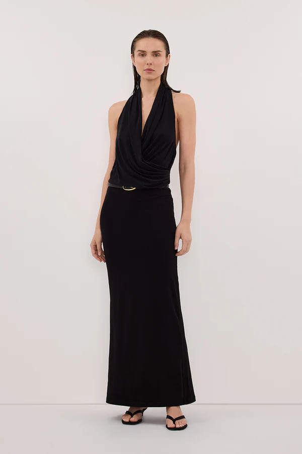 FELICITY BLACK SLEEVELESS HALTER MIDI DRESS | DISSH