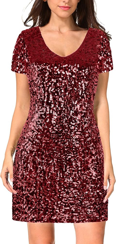 MANER Women's Sequin Glitter Short Sleeve Dress Sexy V Neck Mini Party Club Bodycon Dresses | Amazon (US)