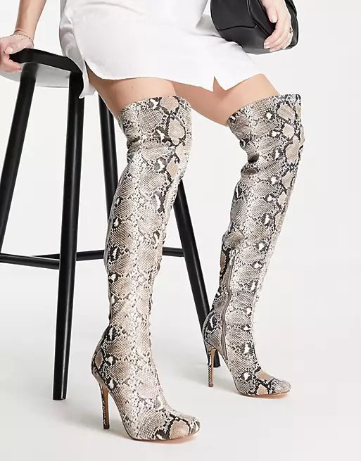 Ego That Glow thigh high heel boots in natural snake | ASOS (Global)