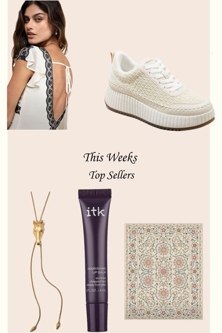 This weeks top sellers! Yall have been In your cowgirl era and are loving these ties to go with your outfits! Brooklyns super cute top we shared earlier this week was a hit and of course some cute everyday sneakers and ITK lip balm for the win! #topsellers #lipbalm #shoes #rugs #top 

#LTKWorkwear #LTKShoeCrush #LTKU