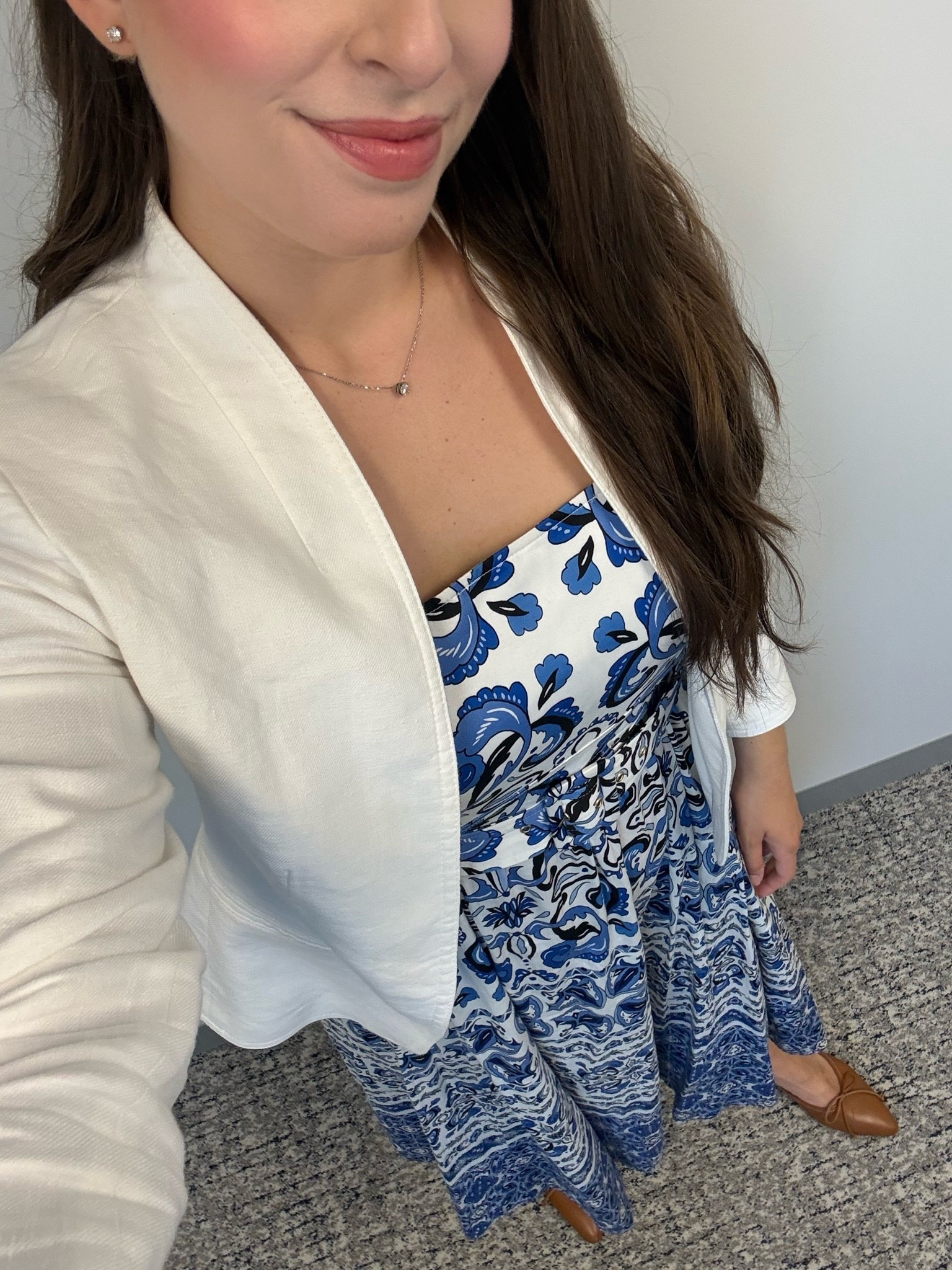 Blue and white tiled dress, blue and white dress, white linen blazer, office style, office outfit, business casual, workwear; lawyer, attorney, summer workwear, summer work style, summer work outfit

#LTKSeasonal #LTKWorkwear #LTKTall