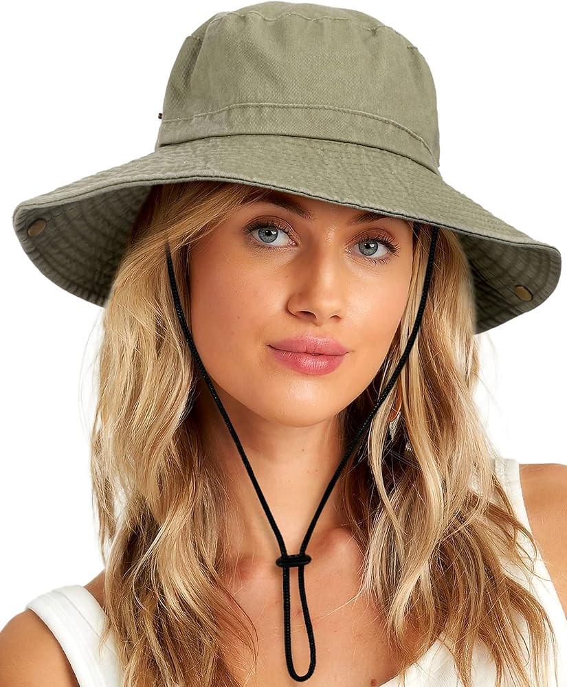 Wide Brim Bucket Sun Hat Packable Cotton Washed UPF 50 Beach Hat for Women Men with Strings Outdoor  | Amazon (US)