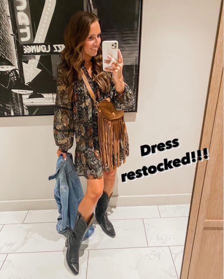 Fall floral dress restocked. Nashville style. Western style. Western black boots. Fringe belt bag. 
Dress XS

#LTKstyletip #LTKSeasonal #LTKitbag