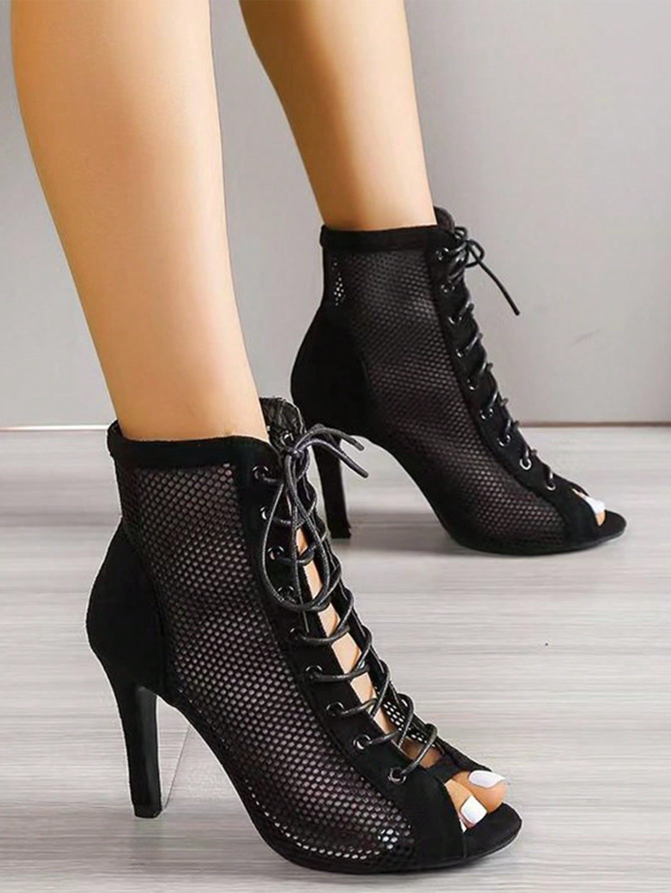 Mesh Stiletto Heel Hollow Out Women's Boots With Peep Toe For Dance And Jazz | SHEIN